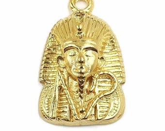 Vintage Egyptian Pharaoh Head King Tut Gold Plated Metal 1 Inch 3D Pendant S569