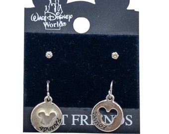 Vintage Mickey Mouse Best Friends Forever Disney Silver Dangle & Crystal Stud Pierced Earring Set On Card B843C