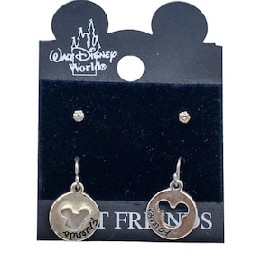 Vintage Mickey Mouse Best Friends Forever Disney Silver Dangle & Crystal Stud Pierced Earring Set On Card B843C