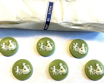 6 camafeos redondos japoneses vintage de resina verde Wedgewood de 18 mm, talla L483