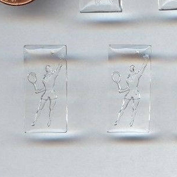 3 Vintage Crystal Glass Tennis Player Rectangle Reverse Intaglio Cameos W869