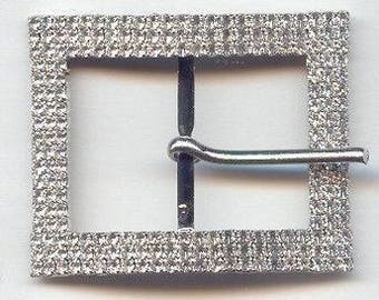 VINTAGE SILVER AUSTRIAN crystal rhinestone 2” curved rectangle belt buckle w880