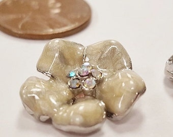 1 Beige Enamel Flower Crystal AB Rhinestone Silver 17mm. Floating Charm Cabochon Finding E224