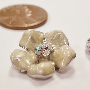 1 Beige Enamel Flower Crystal AB Rhinestone Silver 17mm. Floating Charm Cabochon Finding E224