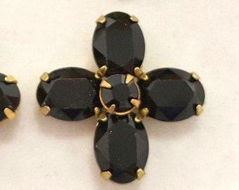 2 Vintage Jet Black Swarovski Austrian Rhinestone Gem Jewel Brass Flower Findings D373