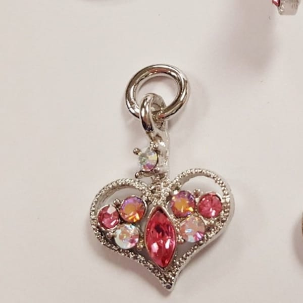 3 Vintage Crystal AB Pink Rhinestone 16mm Filigree Heart Silver Bead Charms E213