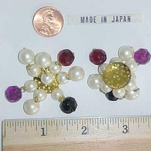 6 Vintage Japanese Pearl Ruby Jet Amethyst Acrylic Beaded Dangle Clusters L792