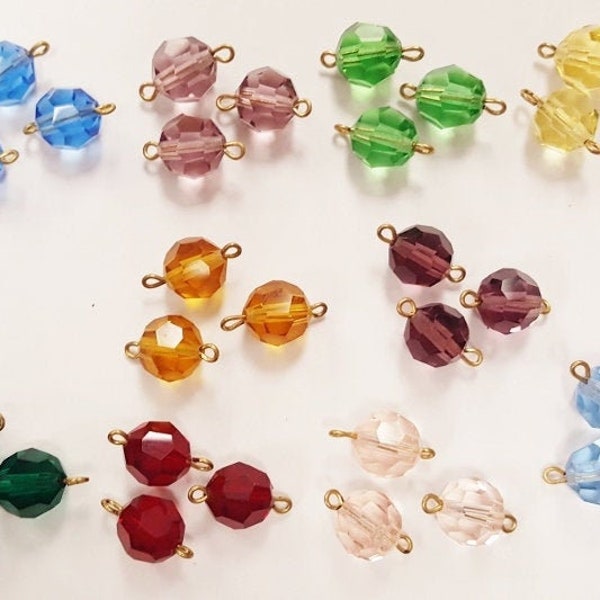 6 Vintage Czech Bohemian Glass Tin Cut Faceted 2 Loop 8mm. Round Connector Bead Charms - 10 Colors You Pick J143