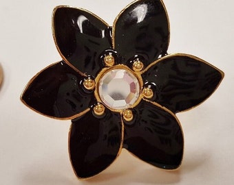 1 Black Enamel Flower Crystal Rhinestone Gold 32x28mm. Screw Back Post Finding E262
