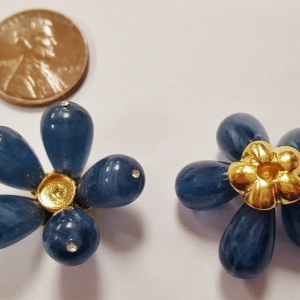 2 Vintage Joan Rivers Cobalt Blue Acrylic Bead Unset Gold Center Flower Findings J119