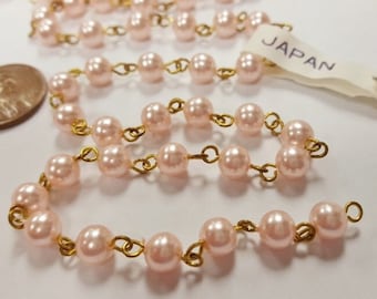 5 Feet Vintage Japanese Pink Pearl Acrylic 6mm. Beaded Brass Link Chain D400