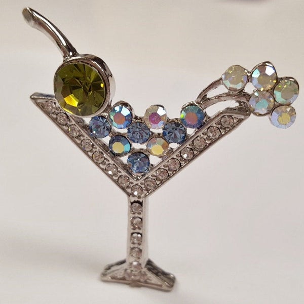 1 Blue Martini Rhinestone Cocktail Drink with Olive 41x36mm. Silver Cabochon Finding E205