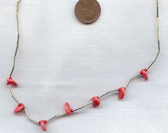Vintage Silver Tube And Simulated Red Coral Nugget Beaded 15" Necklace W700