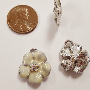 1 Beige Enamel Flower Crystal AB Rhinestone Silver 17mm. Bead Charm Pendant E220