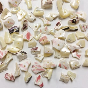 May include: A collection of approximately 50 white, pink, and brown shell beads with two holes each. The beads are irregular in shape and have a natural, iridescent finish.