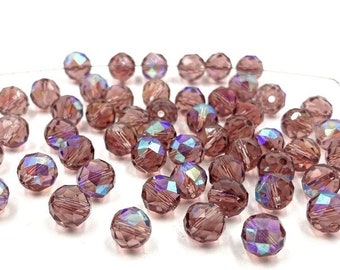 50pcs Vintage Czech Amethyst AB Glass Machine Cut Faceted 8mm. Round Beads T427