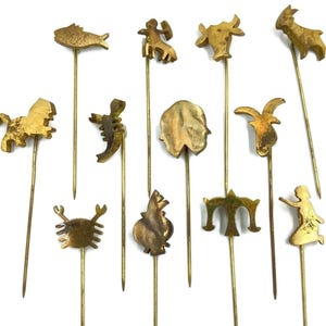 12 Vintage Aged Patina Brass Assorted Zodiac Sign 2.5" Stick Pins - Full Zodiac Set V407