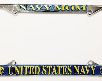 Vintage Navy Mom United States Navy Chrome Metal, Blue & Yellow License Plate Frame F51