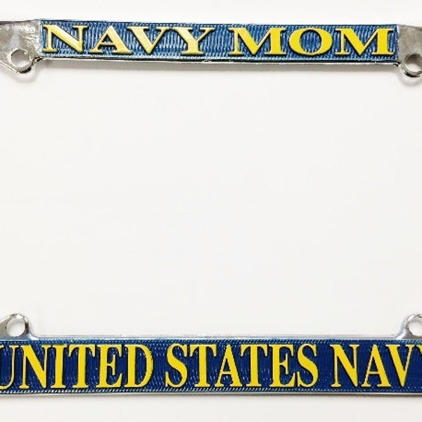 Vintage Navy Mom United States Navy Chrome Metal, Blue & Yellow License Plate Frame F51