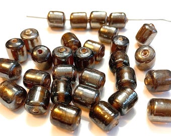 24 Vintage Handmade Glass Topaz Iridescent 12x10mm. Barrel Cylinder Beads S2