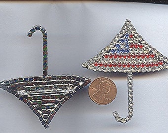 Vintage Austrian Crystal Rhinestone USA Flag Design "Umbrella Shape" 2.75 Inch Brooch Pin   G507