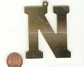 1 Vintage Brass Letter "N" Initial Deco Cut 2.5" Pendant Z623