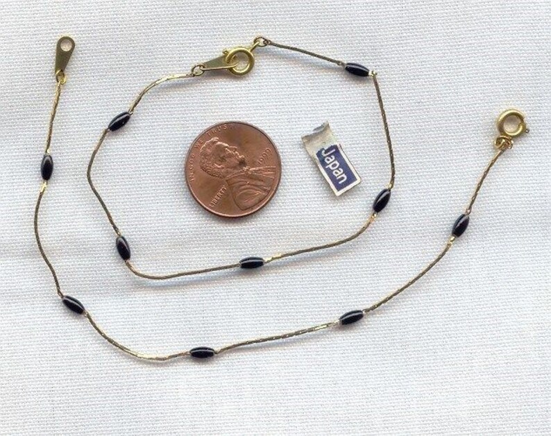 Vintage Japanese Brass Box Chain Jet Black Pearl Beaded 7 Bracelet D249