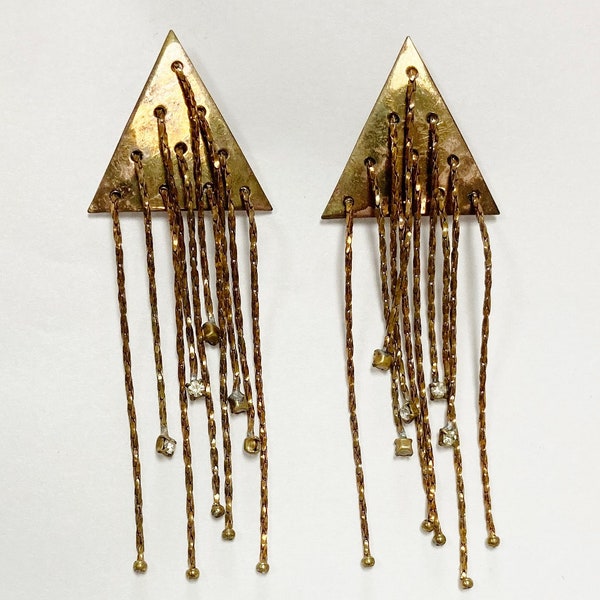 4 Pieces (2 Pair) Vintage Aged Brass Triangle Multichain Rhinestone Tassel 3" Dangle Earrings D606