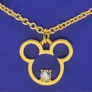 Vintage Mickey Mouse Head Rhinestone Disney  20&quot; Gold Chain Necklace  B838