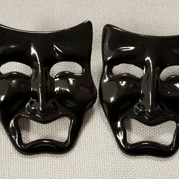 Pair Vintage "Jet Black Tragedy Face" Comedy & Tragedy 1.5" Pierced Earrings   S47