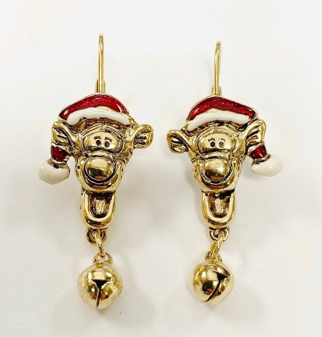 Vintage Disney Tigger Wearing Santa Hat With Dangle Bell Earrings