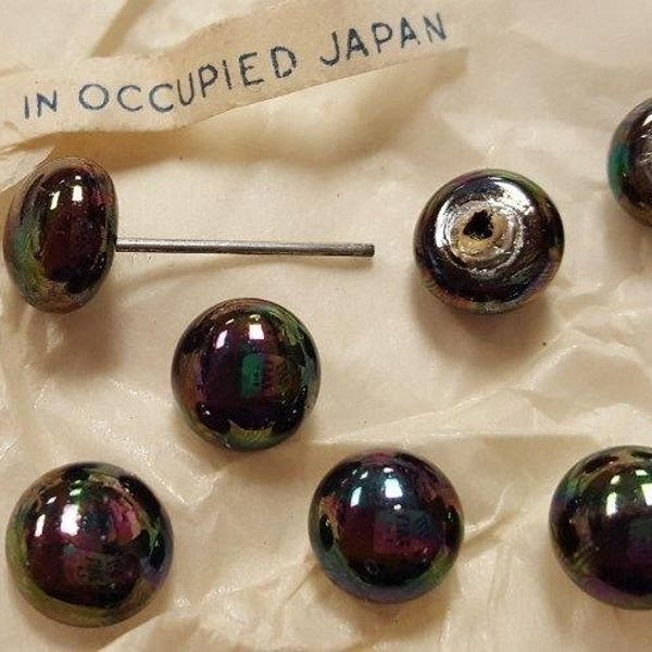 24 Antique 1950 Japanese Glass Jet Ab 9mm. Smooth Dome Cabochons D408