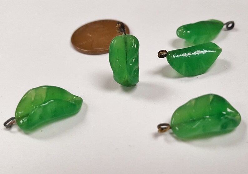 Glass Jade Curved Leaf Patina Brass patinated brass and green glass bead