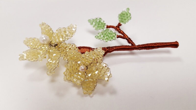Vintage Handmade Wire Yellow Flower Brooch Made With Swarovski