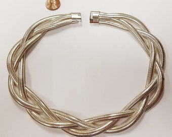 Vintage Silver Plated Woven Three Cobra Chain 18" Choker Necklace Section D389
