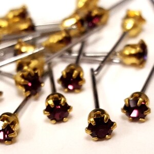 144 Pieces February Birthstone Amethyst 3mm. Rhinestone Brass Set Steel Post Stud Earrings - Wholesale Lot T832