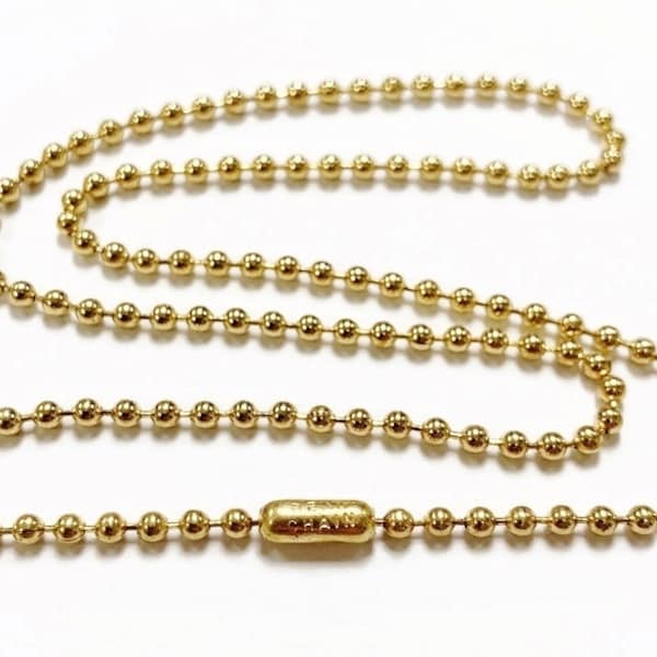 3 Vintage Golden Brass 2.5mm. Ball Chain 15" Necklaces - USA Made Stamped "BEAD CHAIN" E4GB