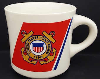 Vintage USCG U.S Coast Guard stars and stripes tall coffee mug Real gold leaf! BEAUTIFUL condition