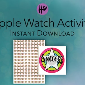 Könnte beinhalten: Ein druckbares Blatt mit Apple Watch-Aktivitätsaufklebern mit einem Regenbogenstern-Design, auf dem "Erfolg" steht.
