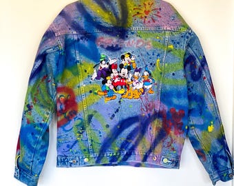 Vintage Disney Denim Jacket XL – One of a Kind Hand Painted Mickey, Donald & Goofy Jacket – Custom Unisex Street Art Jean Jacket