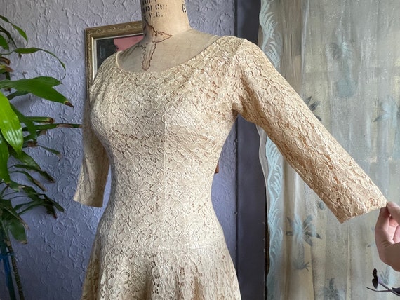 50s Cream Lace Drop Waist Dress / 1950s A Line Co… - image 4