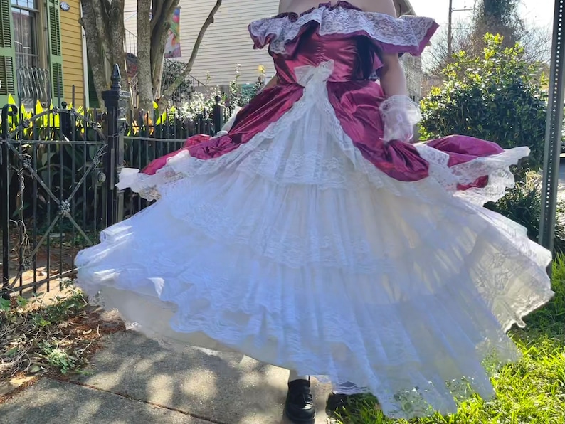 Loralie Originals Pink Princess Dress / 70s 80s Vintage Gown / Metallic Fuchsia Pink / White Lace Ruffle / Victorian Southern Belle Bo Peep image 6