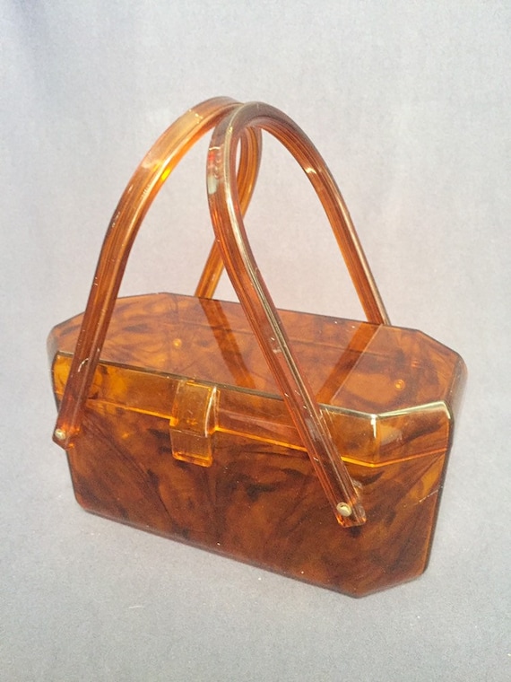 1950s Art Deco Brown Tortoiseshell Lucite Box Purs
