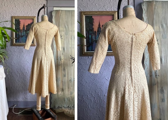 50s Cream Lace Drop Waist Dress / 1950s A Line Co… - image 10