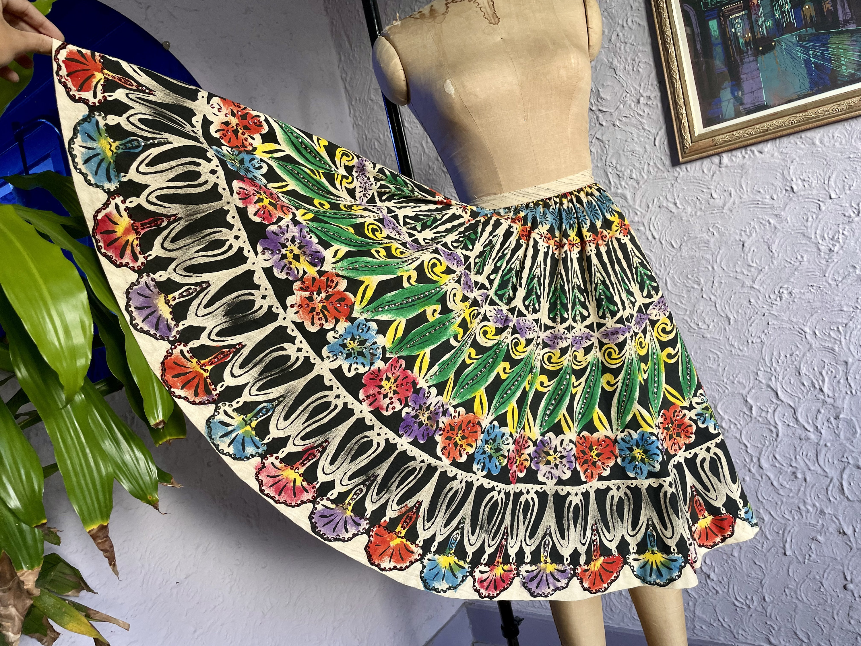 1950s Mexican Circle Skirt 28 Waist 50s Hand Painted Patio Skirt  Colorful Floral Cotton Full Circle Swing Skirt Vintage Circle Skirt