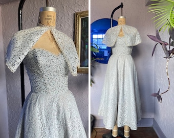 50s Lace Party Dress with Cape / 1950s Prom Dress / Vintage Pastel Blue Strapless Formal Dress / Retro Cupcake Dress Capelet / Fit and Flare