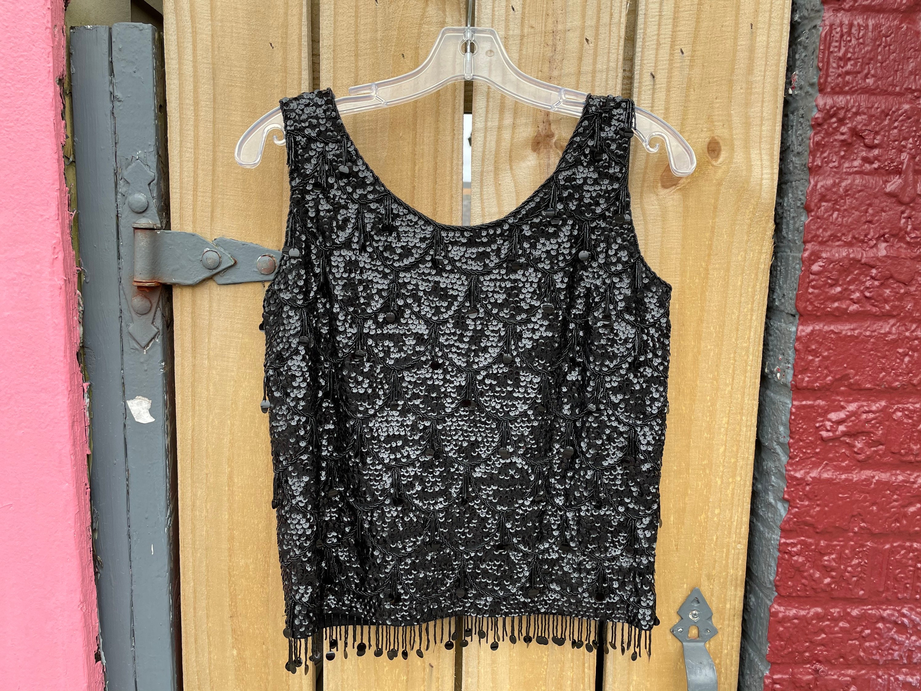 60s Sequin and Beaded Shell Top / Black / Beaded Fringe / | Etsy