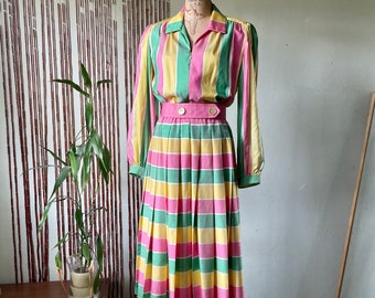 Vintage Pastel Striped Shirt Dress by HELGA / 70s 80s Long Sleeve Day Dress / Puff Sleeve / Pleats / Pink Green Yellow Stripes / 1950s Style