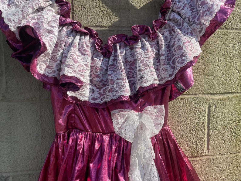Loralie Originals Pink Princess Dress / 70s 80s Vintage Gown / Metallic Fuchsia Pink / White Lace Ruffle / Victorian Southern Belle Bo Peep image 8
