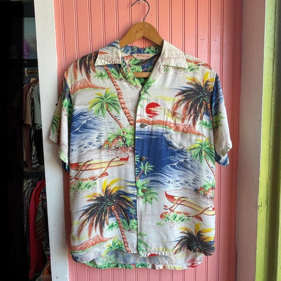 40s/50s Rayon Crepe Aloha Shirt With Loop Collar / 1950s Vintage